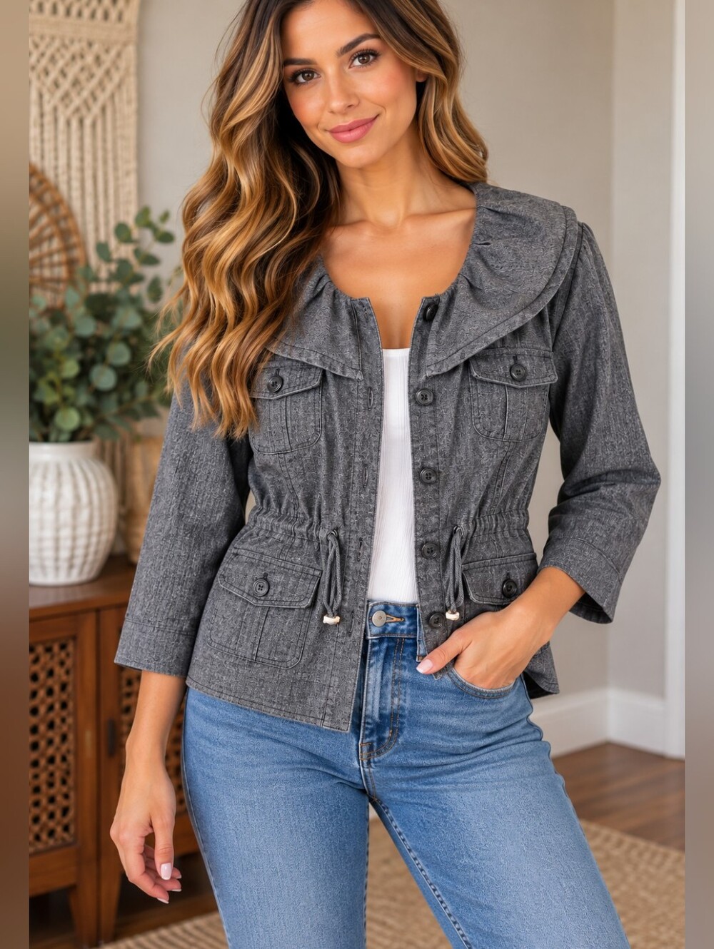Light Grey Chambray Utility Jacket Drawstring Waist Size Large